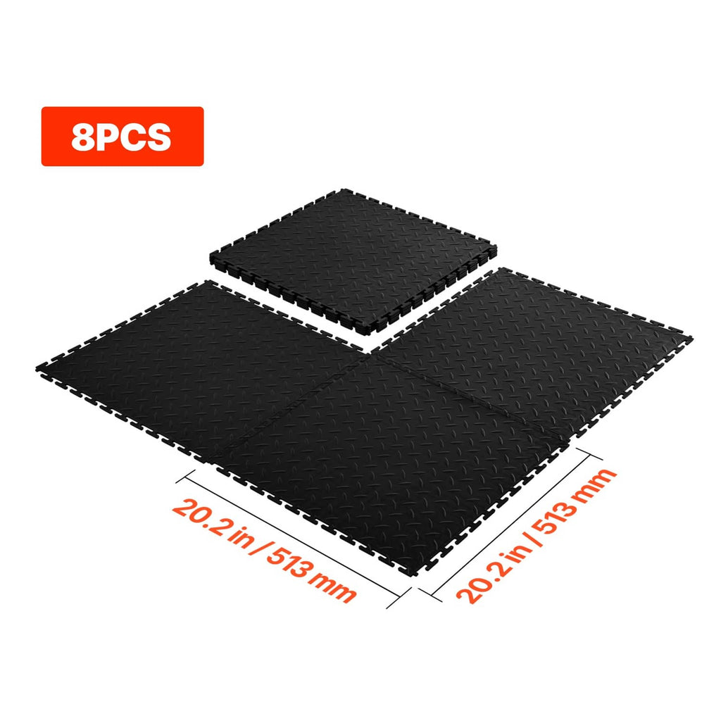 8-pack black interlocking garage floor tiles with diamond pattern and interlock edges