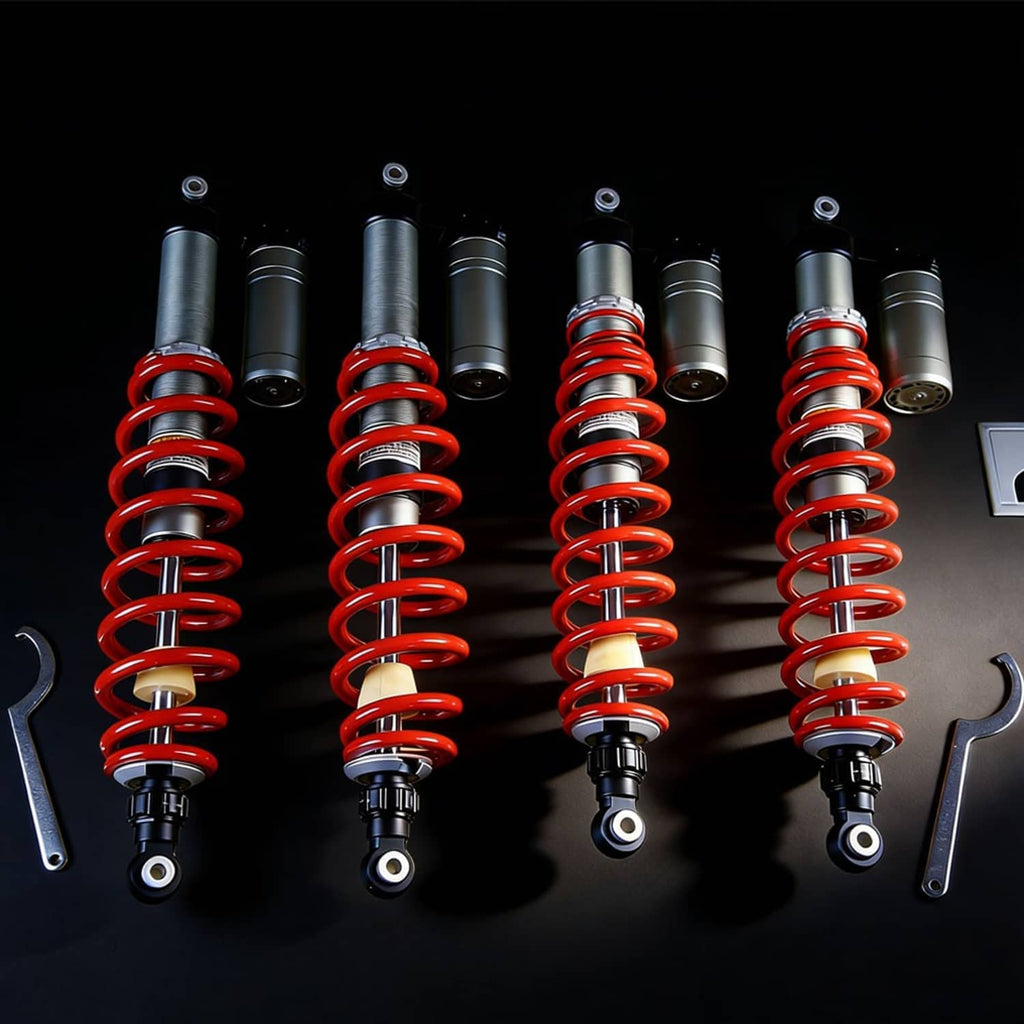 Set of off-road shock absorbers with red coil springs and silver dampers