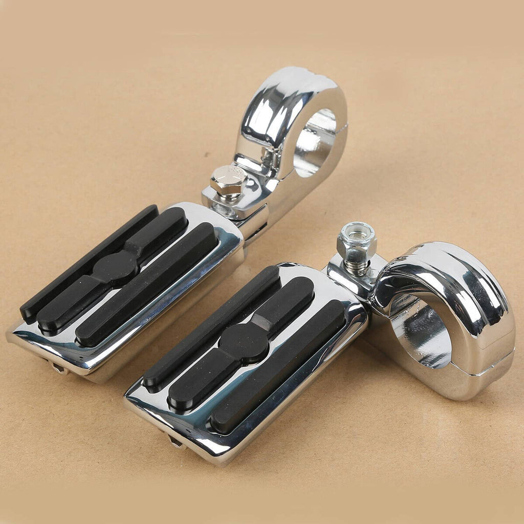 Pair of chrome crash bar footpegs with black rubber inserts and round chrome ends