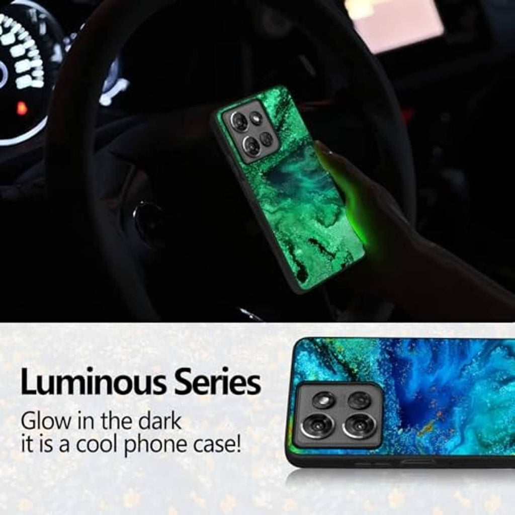 Dark scene blue galaxy phone case with green glow near the camera cluster