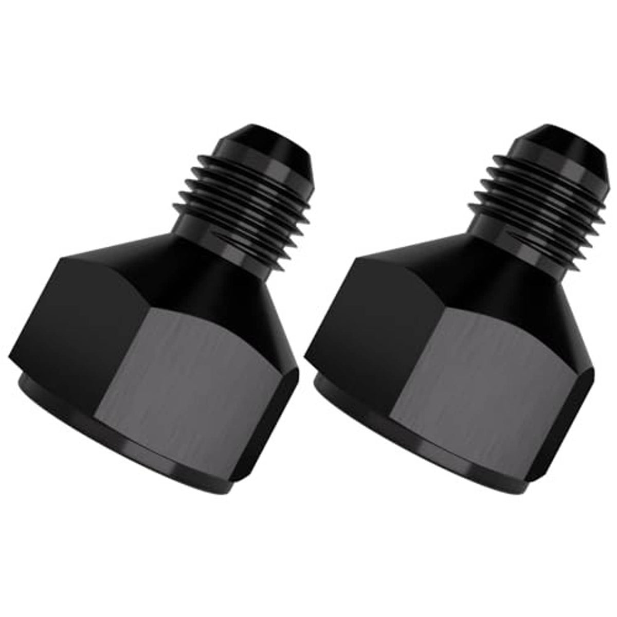 Black AN hose flare reducer fittings with threaded male ports and hex collar body