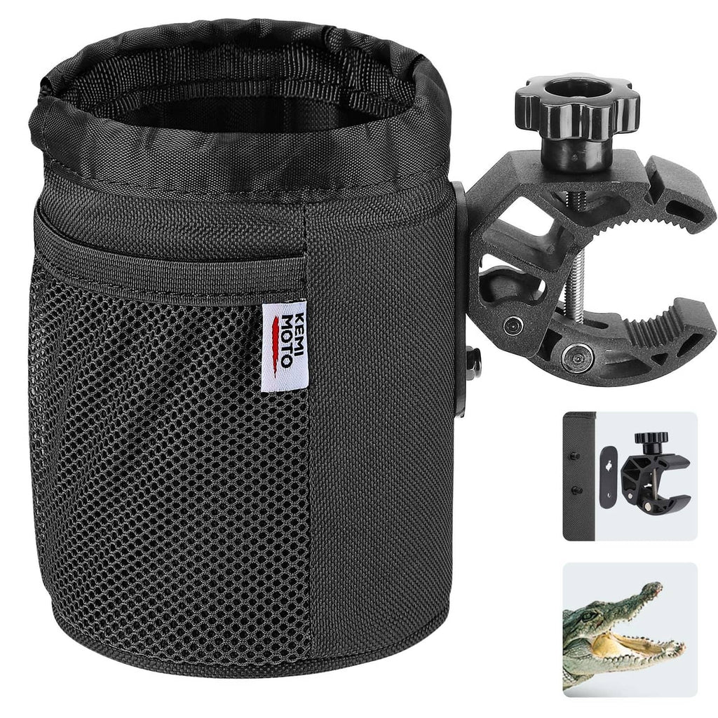 Black oxford fabric cup holder with handlebar clamp and locking base hardware