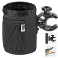 Black oxford fabric cup holder with handlebar clamp and locking base hardware