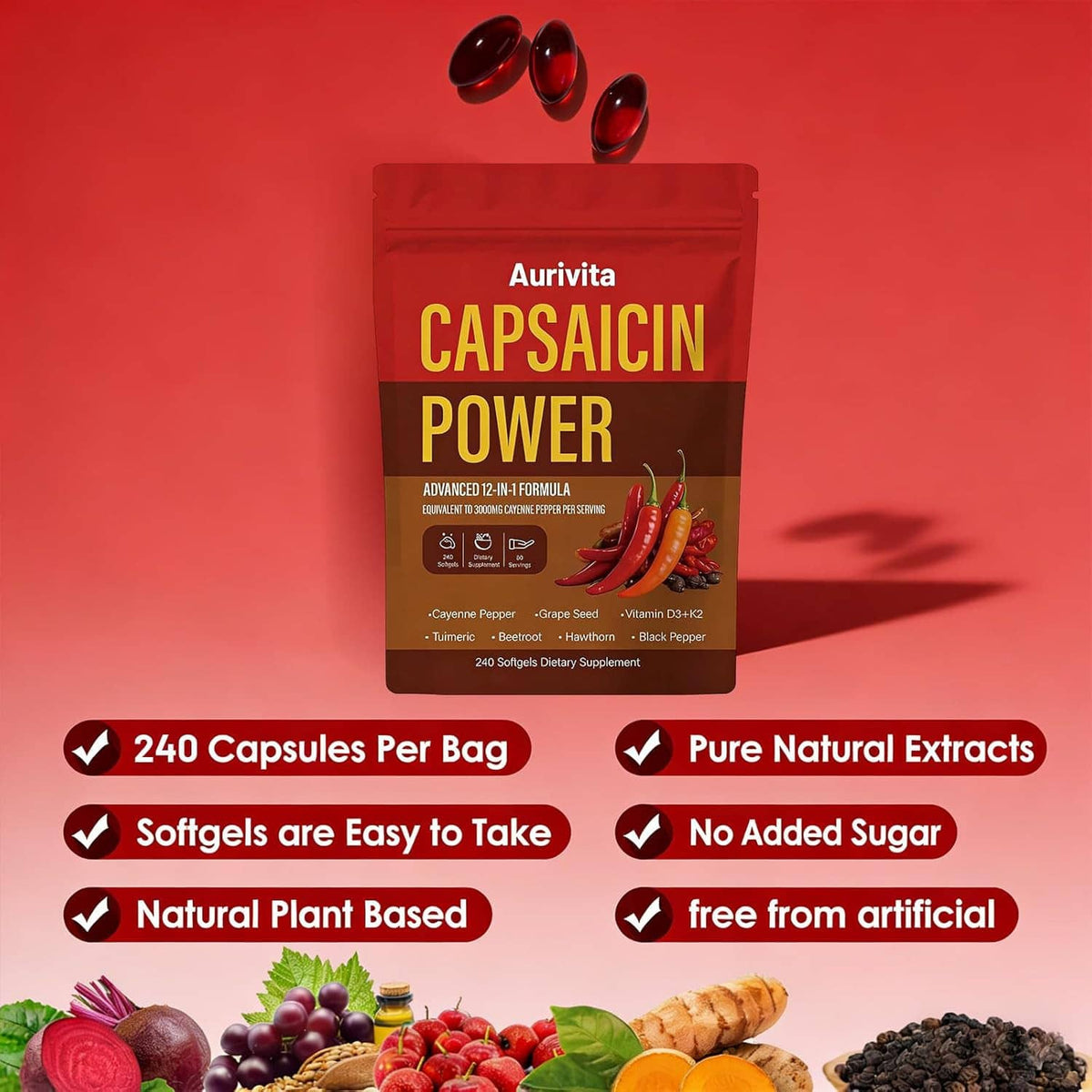 Aurivita Capsaicin Power softgels pouch with capsule-count and no added sugar icons