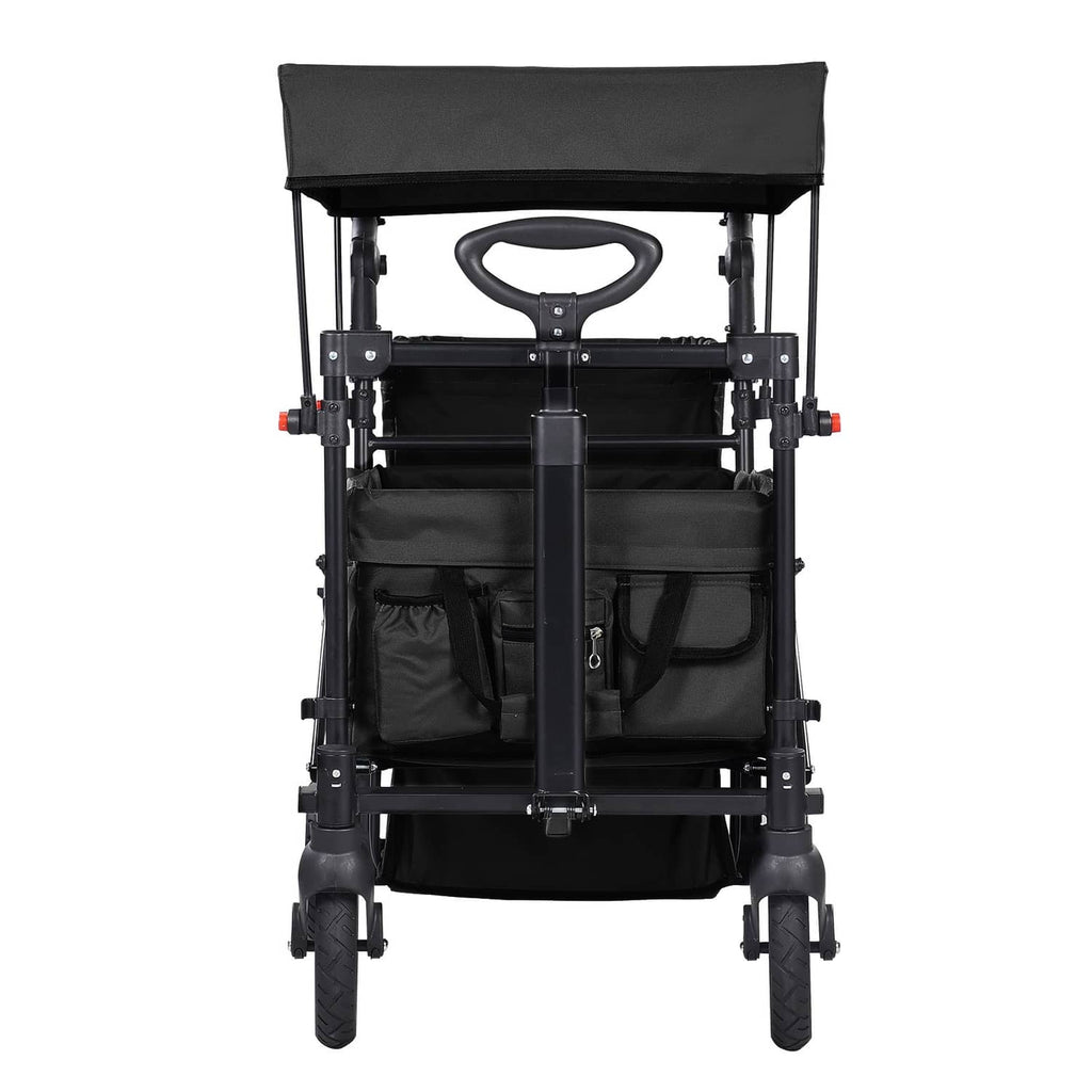 Black double stroller wagon front view with canopy, padded seat panels, and pull handle.