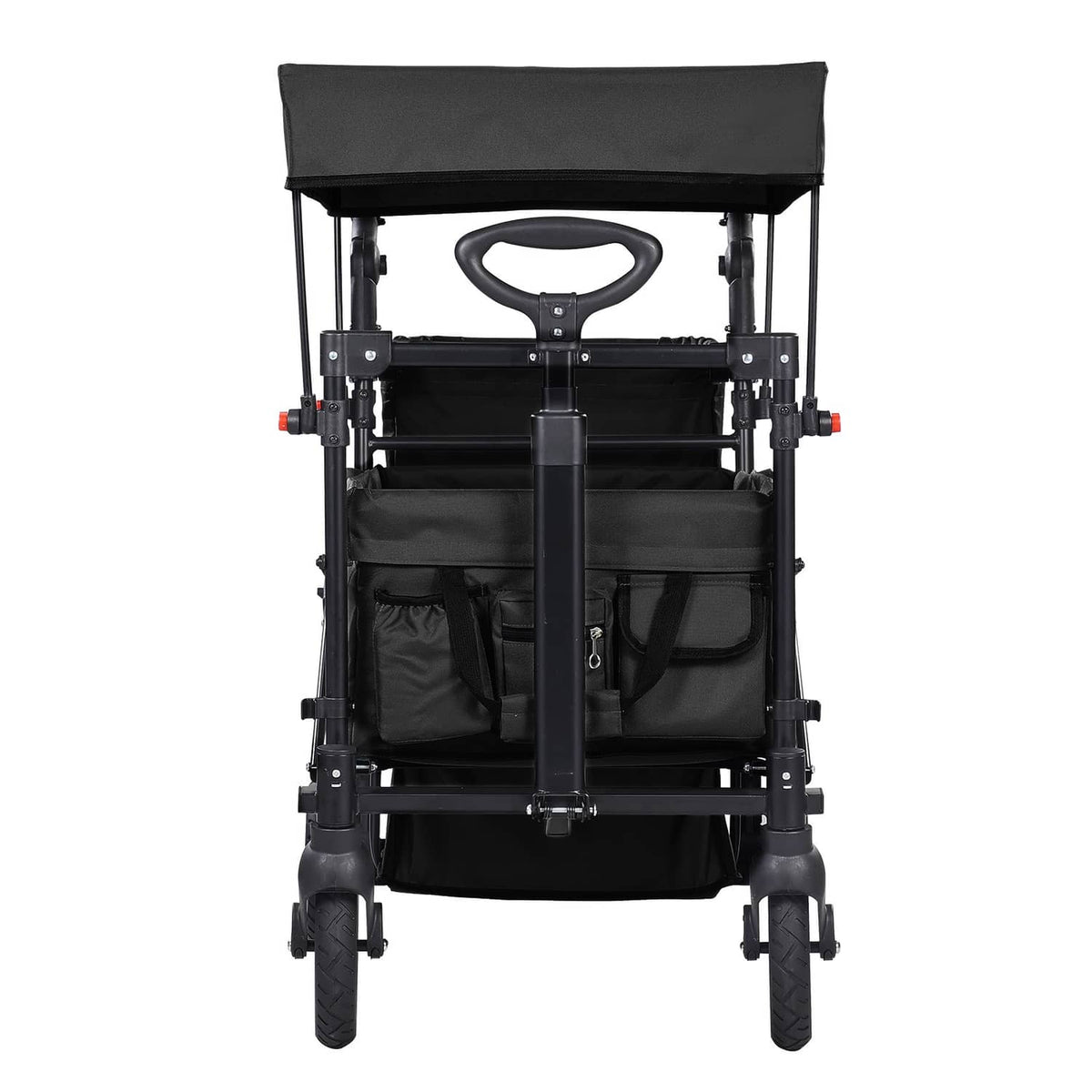 Black double stroller wagon front view with canopy, padded seat panels, and pull handle.