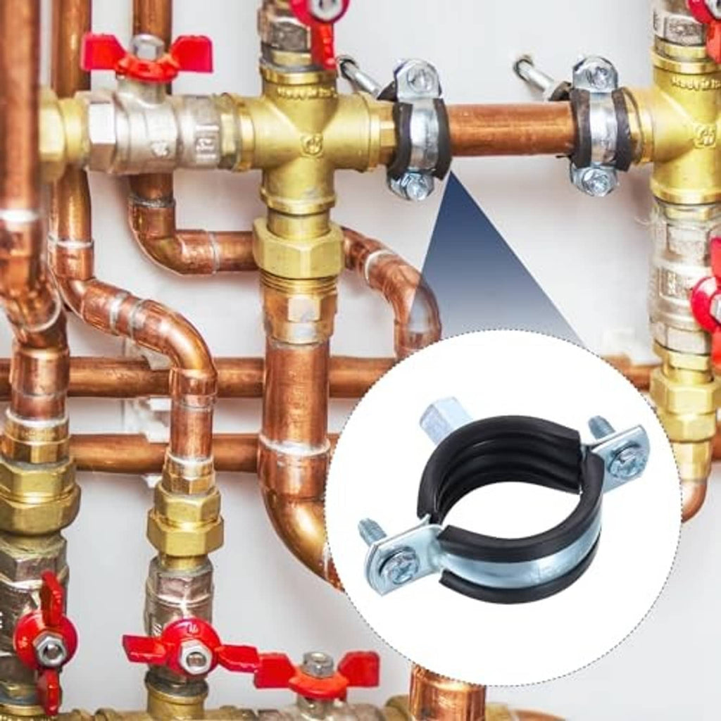Pipe hanger clamp with black rubber split ring and zinc hardware on copper tubing