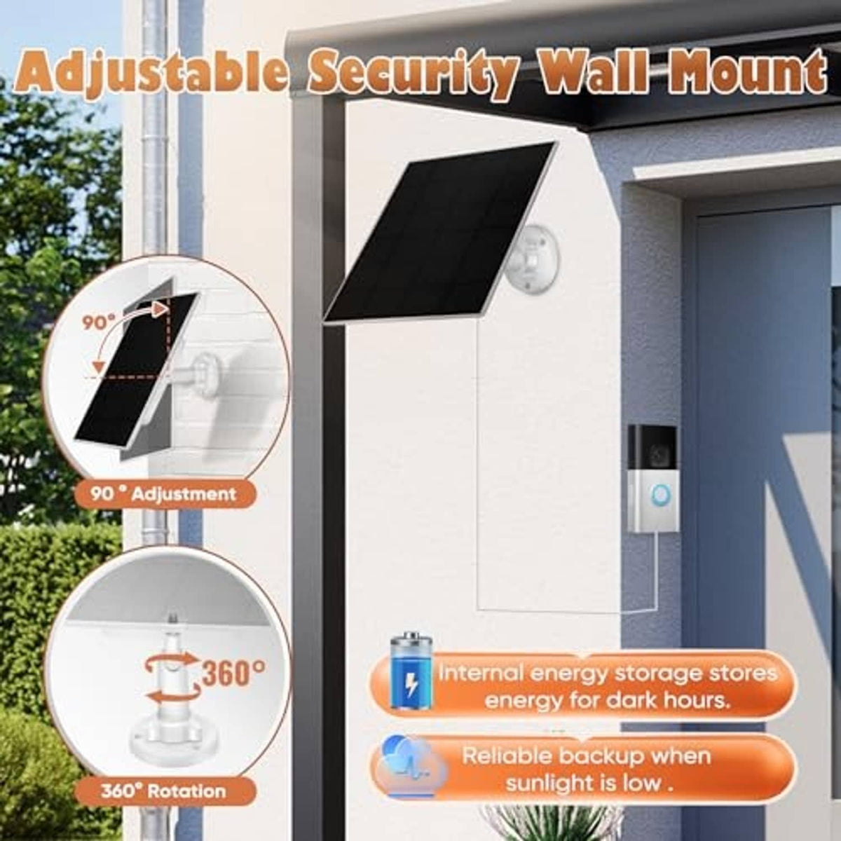 Adjustable wall-mount bracket with solar panel and doorbell power module