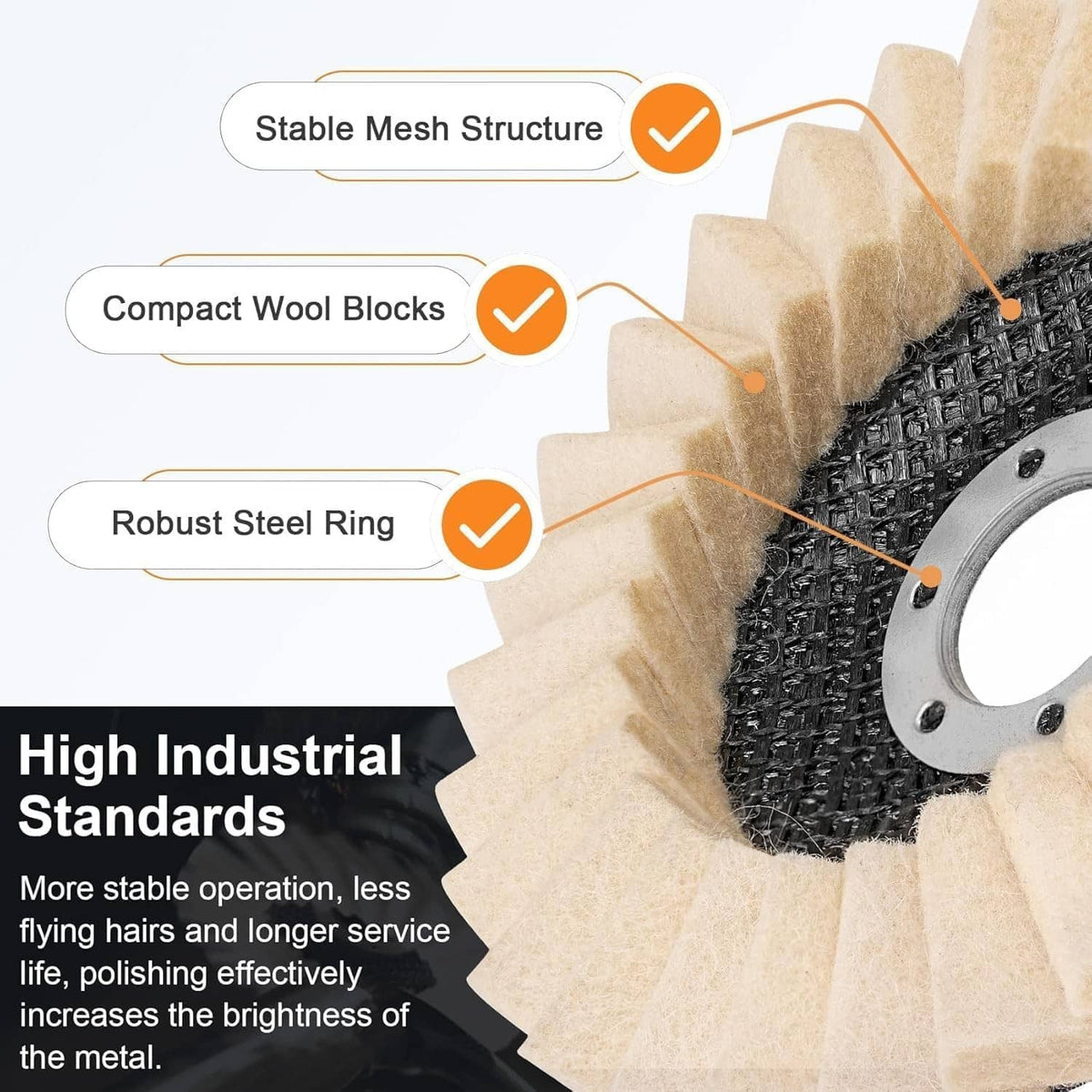 Wool flap polishing disc showing layered beige blocks and a steel center ring