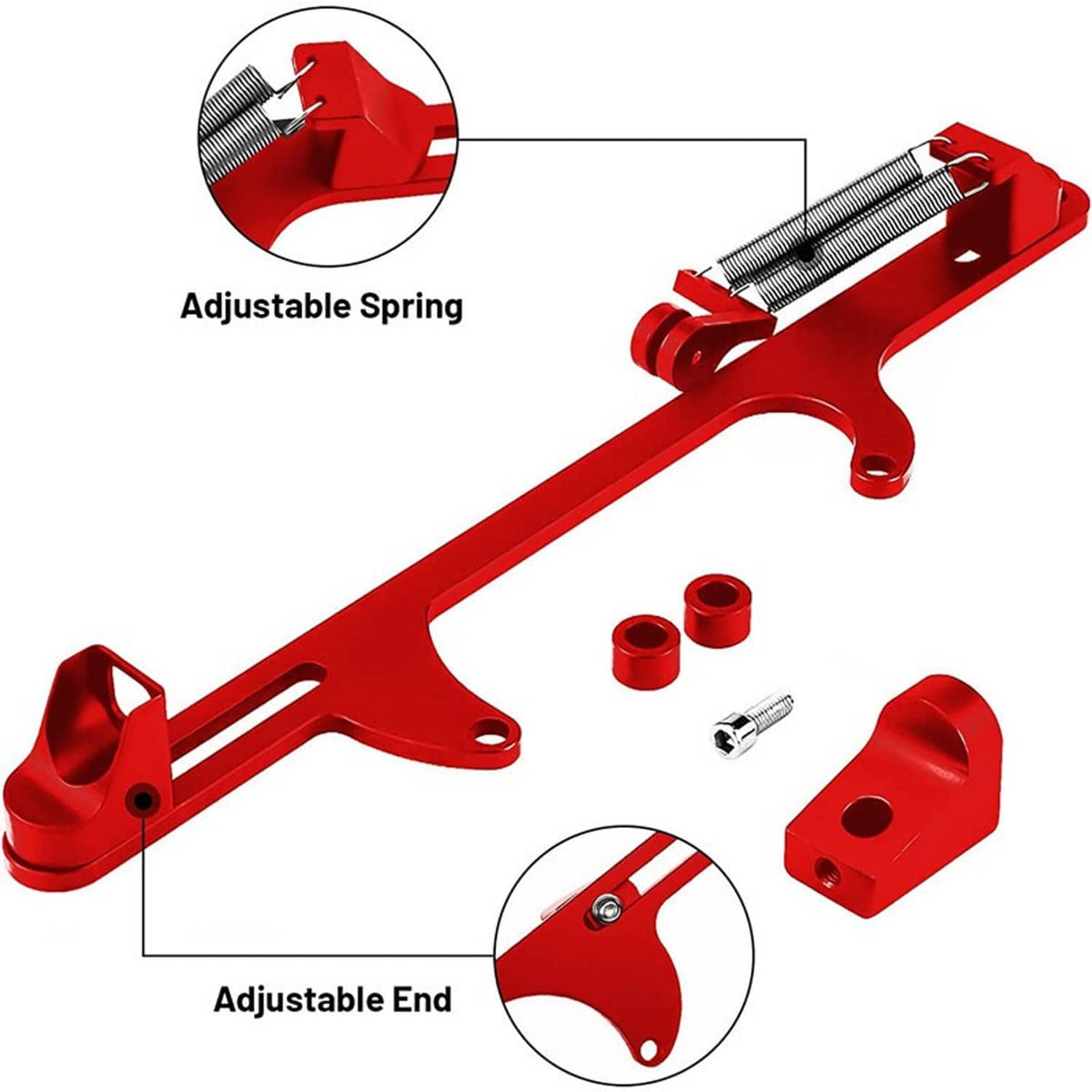 Red throttle cable bracket kit with adjustable spring and end mounting bracket