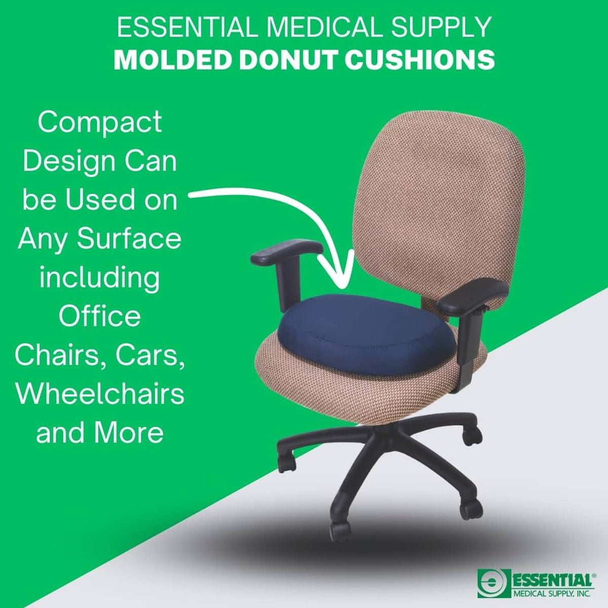 Navy molded donut cushion with central hole on office chair