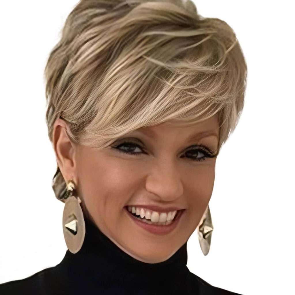 Short layered blonde pixie wig with side-swept bangs and natural hairline