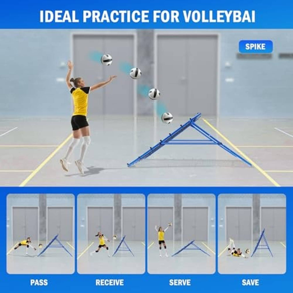 Volleyball practice rebounder net with player serving volleyball toward the mesh target area.