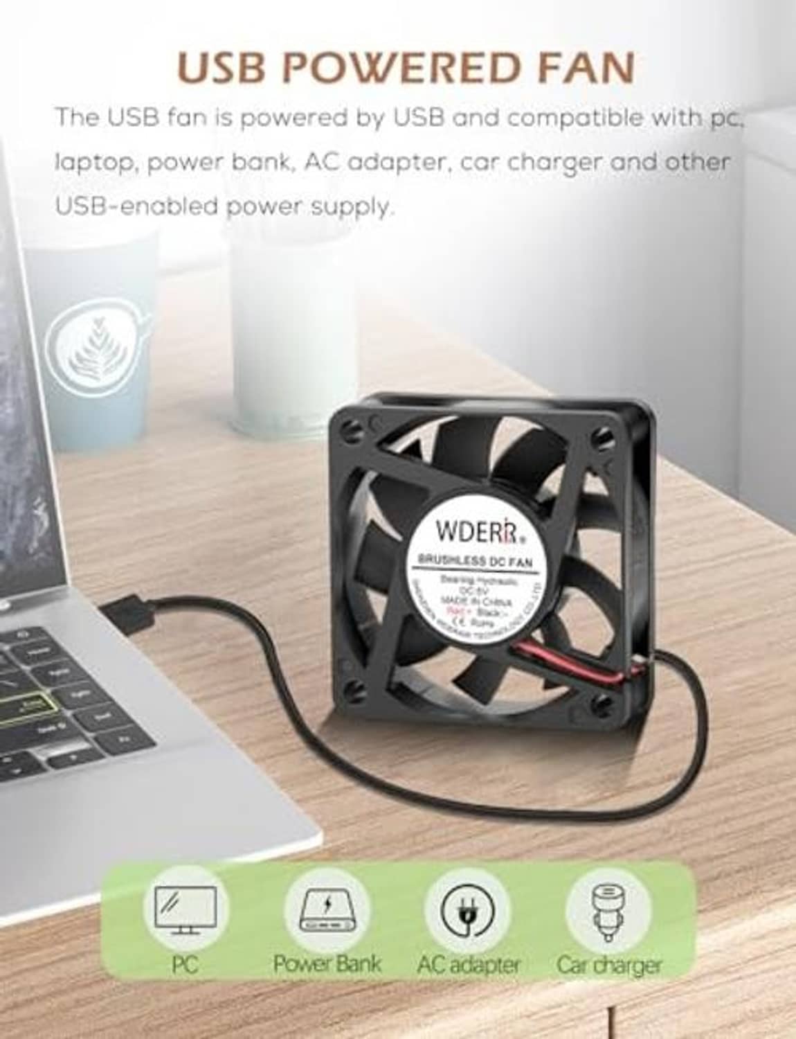 USB brushless case fan with black square frame and USB power cable