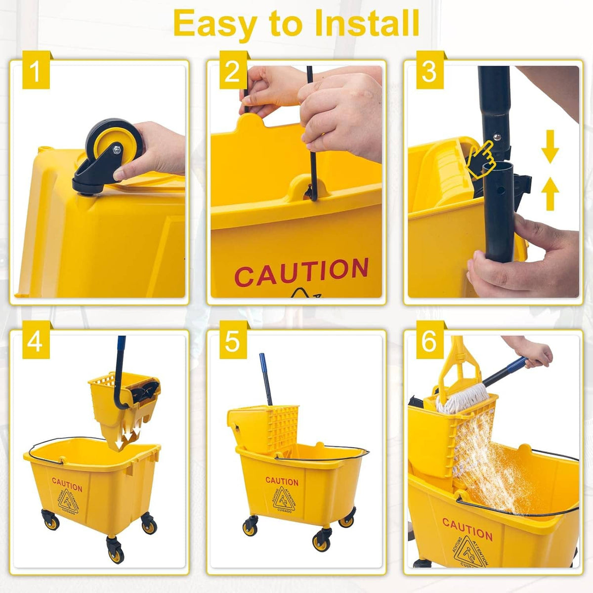 Yellow compact mop bucket with side-press wringer and wheeled base for storage