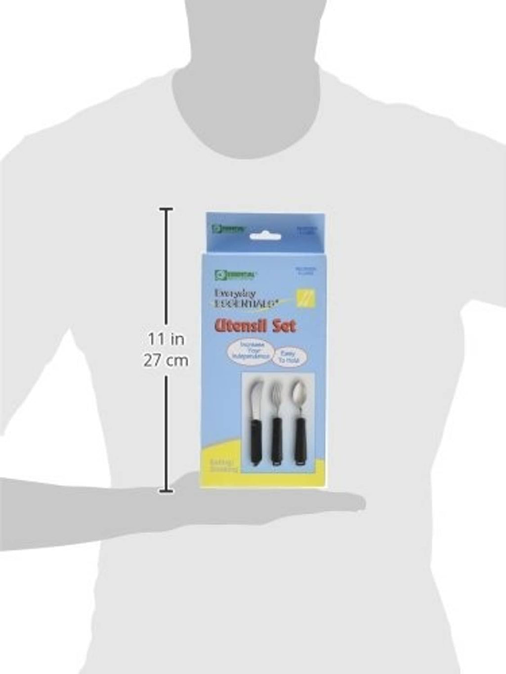 Adaptive utensil set retail box showing spoon, fork, and rocker knife