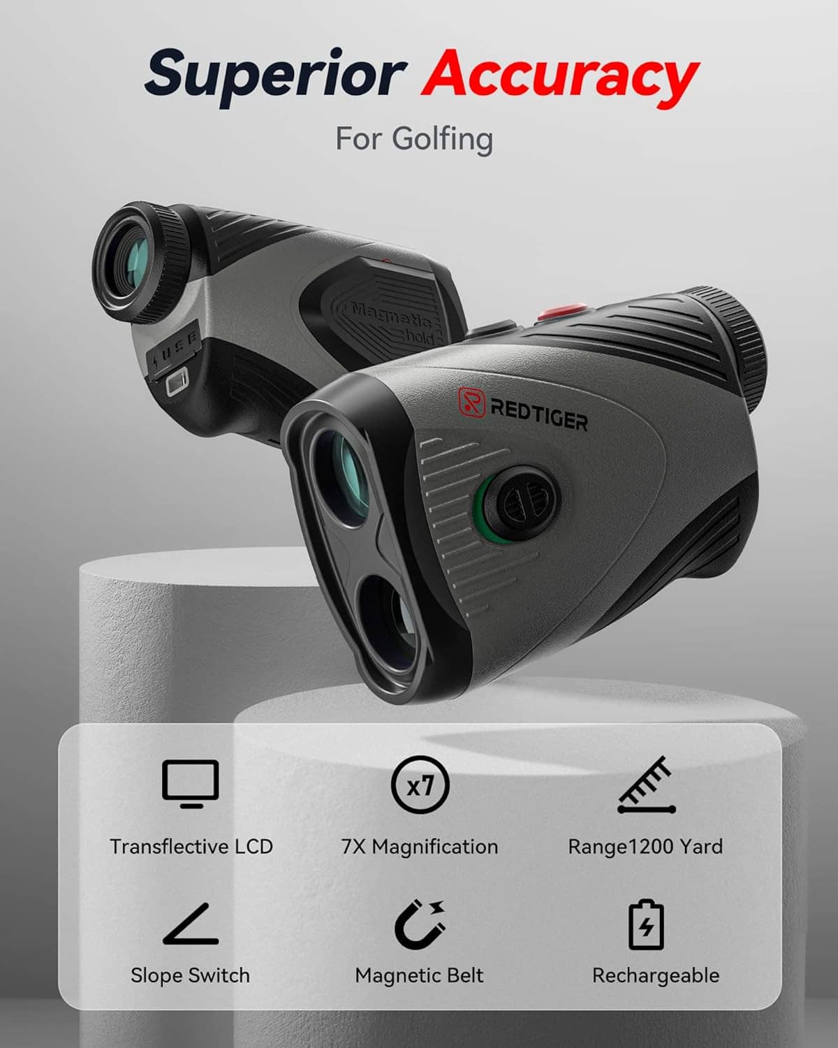 Black handheld laser golf rangefinder with green accents, 7x magnification