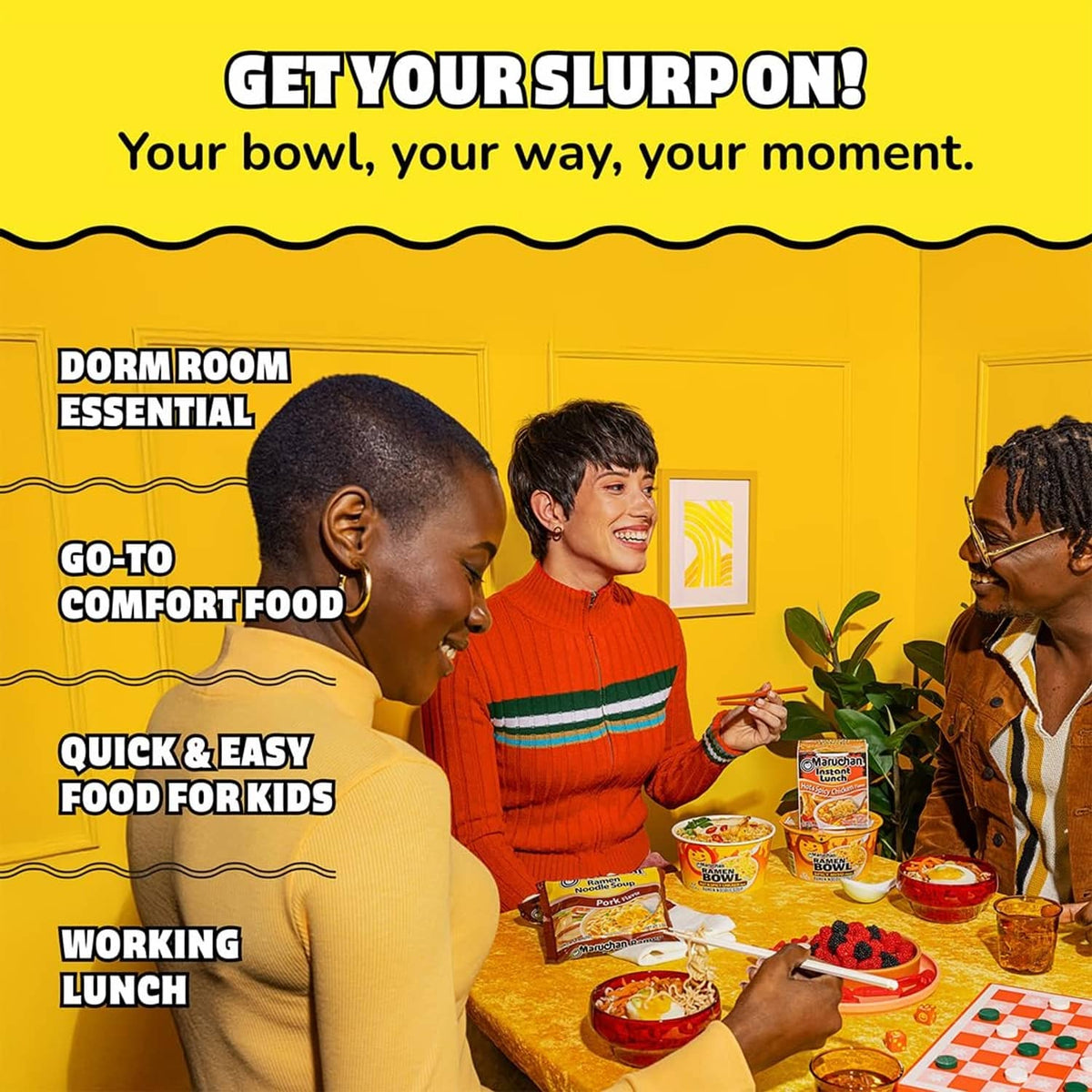 Dining table with ramen bowls and Maruchan ramen noodle soup packets