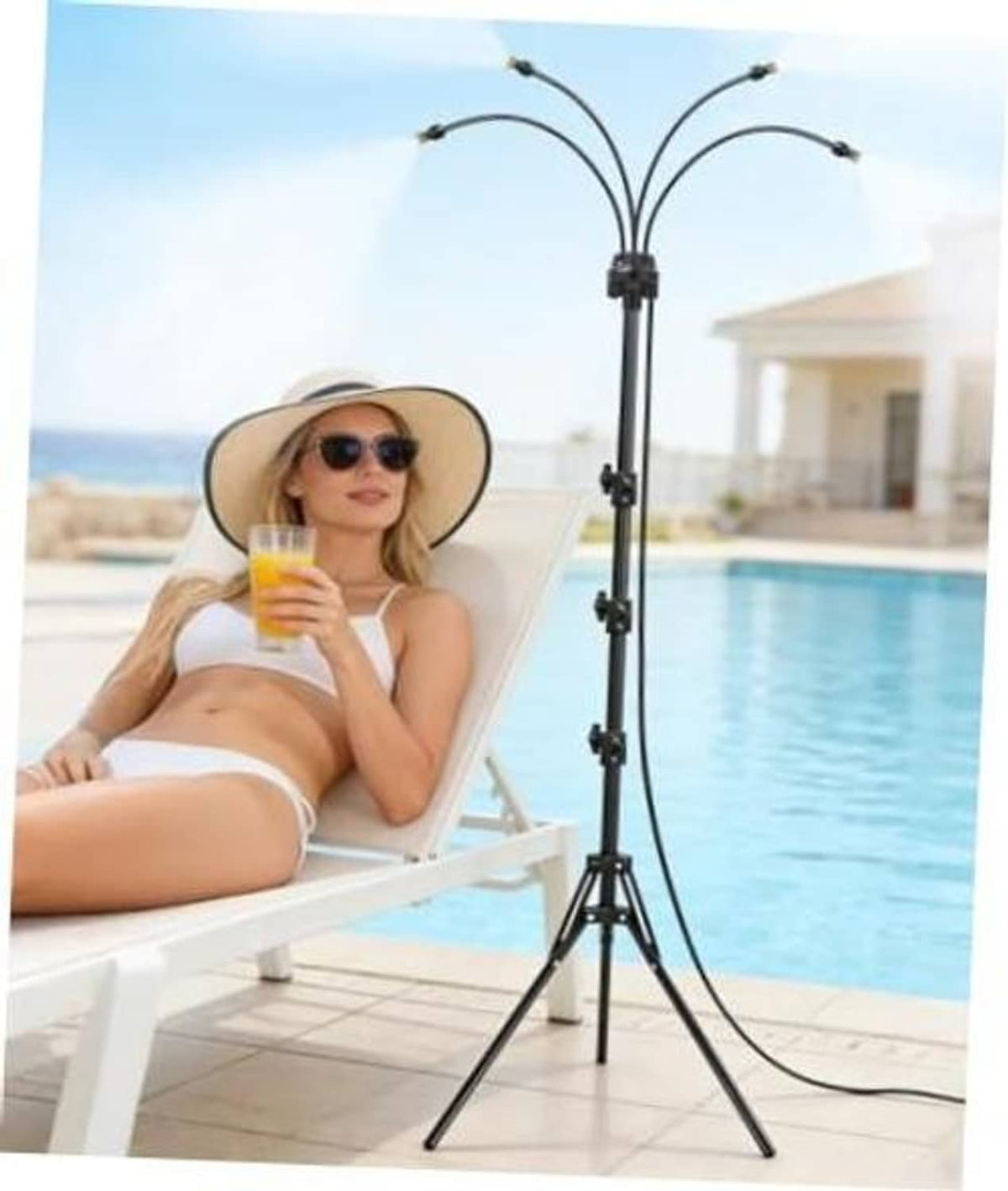 Adjustable tall standing mister tripod with curved spray lines and multiple nozzles