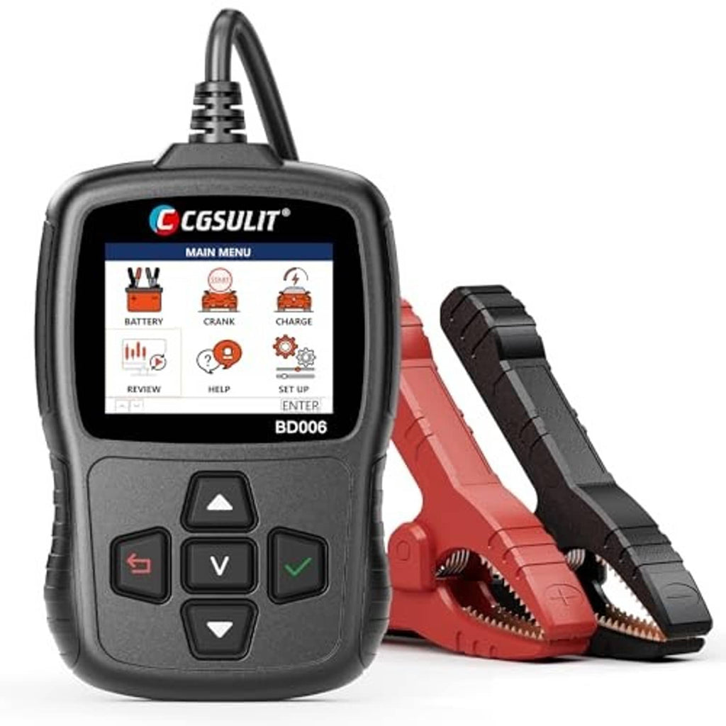 Portable battery load tester with LCD screen and connected red/black clamp probes