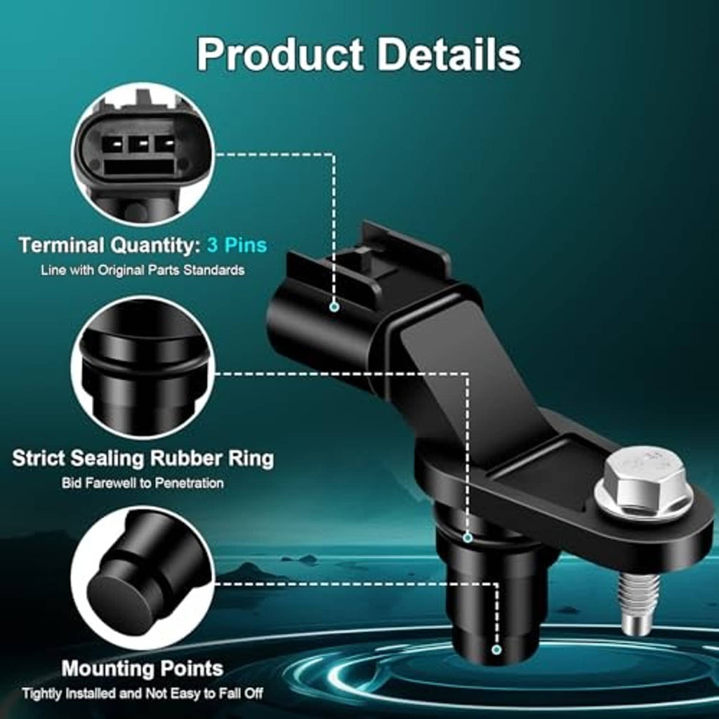 Black camshaft position sensor with 3-pin terminal, sealing ring, and mounting points