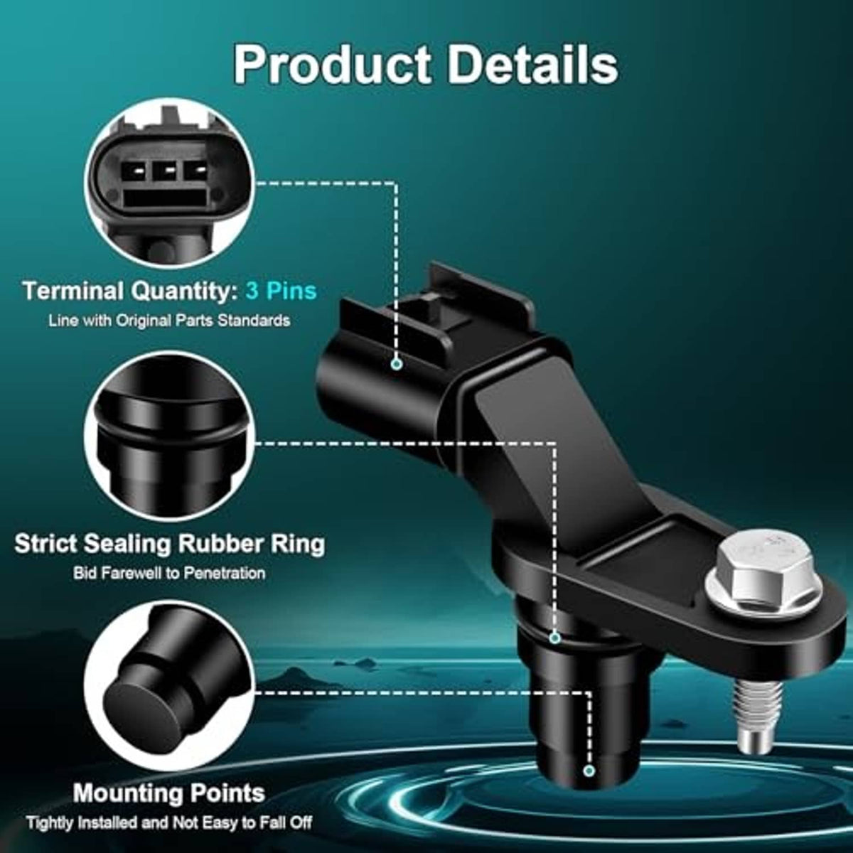 Black camshaft position sensor with 3-pin terminal, sealing ring, and mounting points