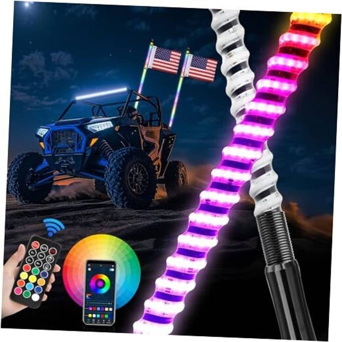 4 ft RGB LED whip lights glowing purple with handheld remote controller