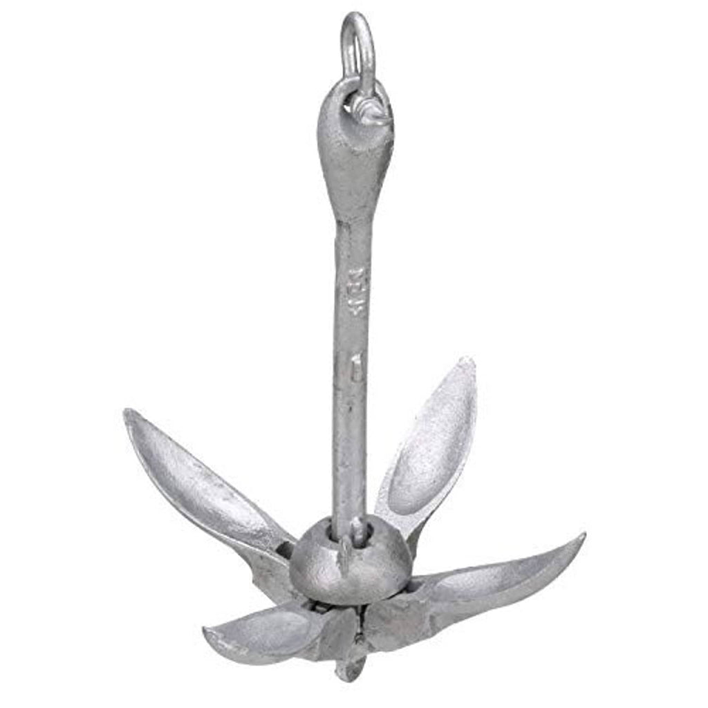 Folding grapnel anchor with four flukes and lifting ring, galvanized silver finish