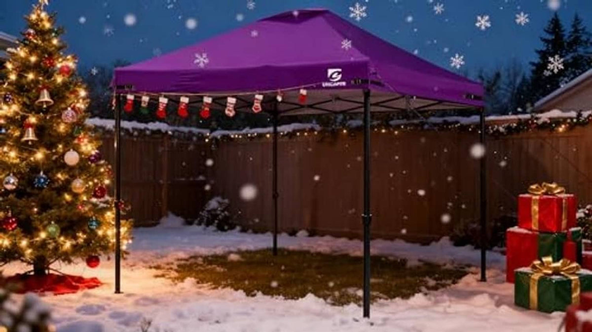 Purple pop-up canopy top cover with air vent outdoors in a snowy yard