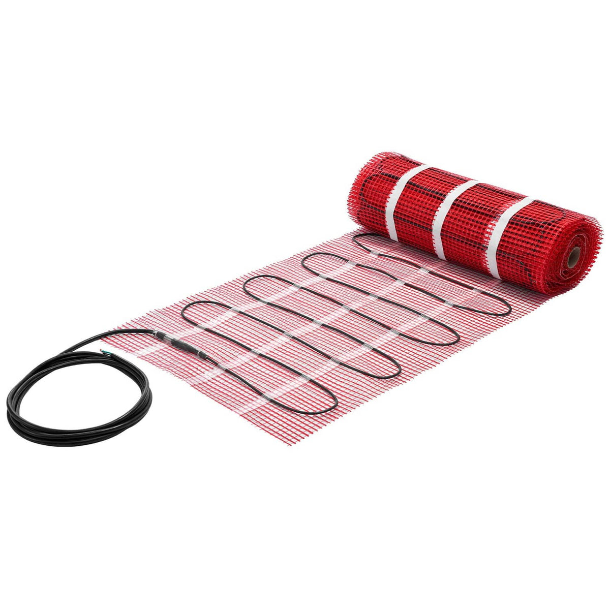 Red self-adhesive radiant floor heating mat on mesh with bundled black power wires