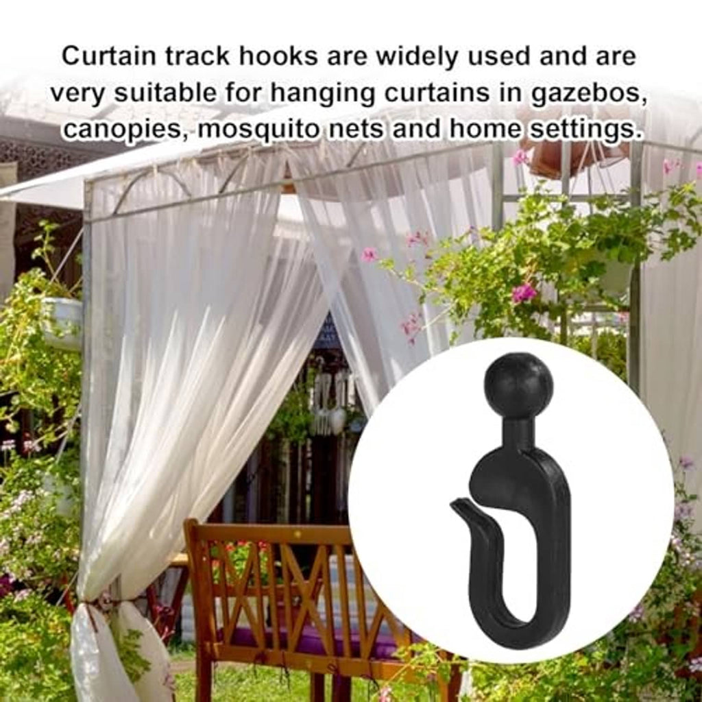 Black plastic curtain track hook for gazebo curtains, single hook close-up
