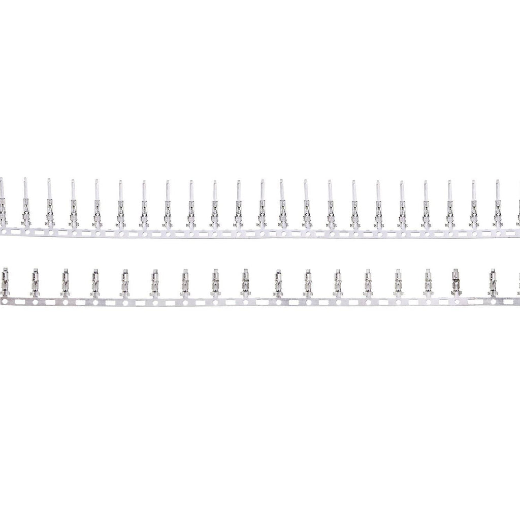 Silver crimp terminal pin strips on white carrier for 2.5mm JST-SM connectors