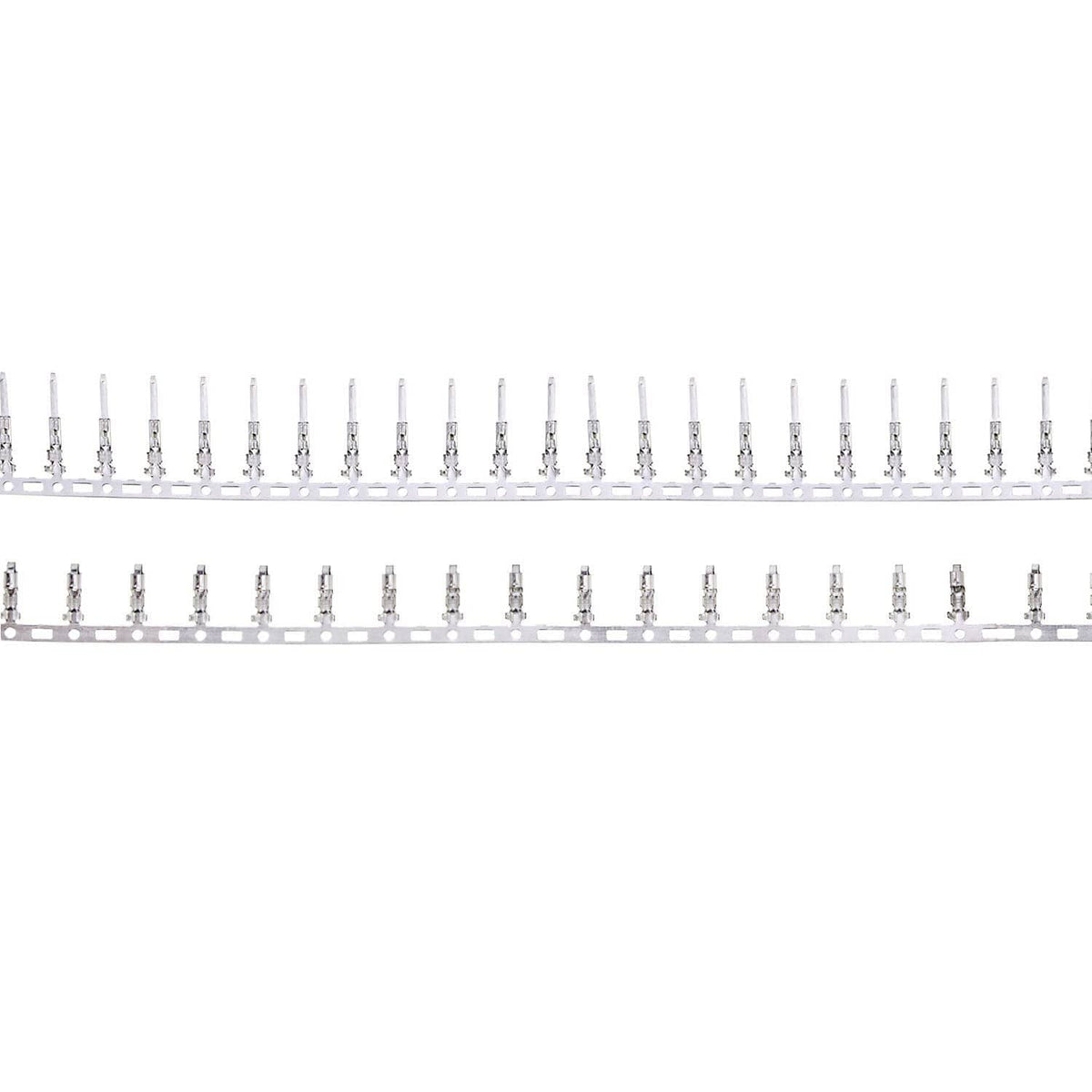 Silver crimp terminal pin strips on white carrier for 2.5mm JST-SM connectors