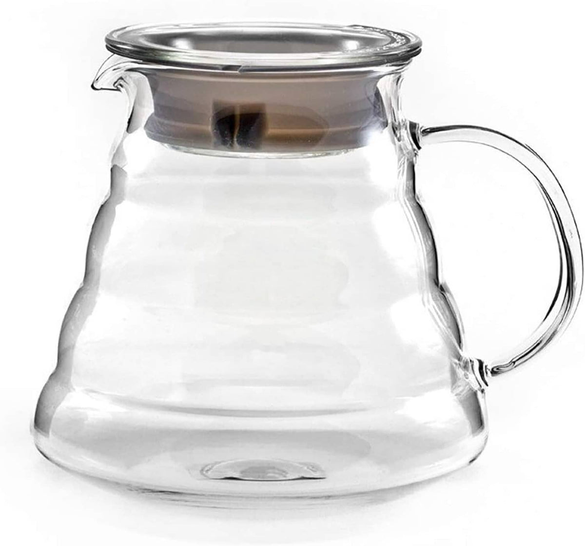 Clear glass coffee carafe with lid and side handle, pour spout for brewed coffee