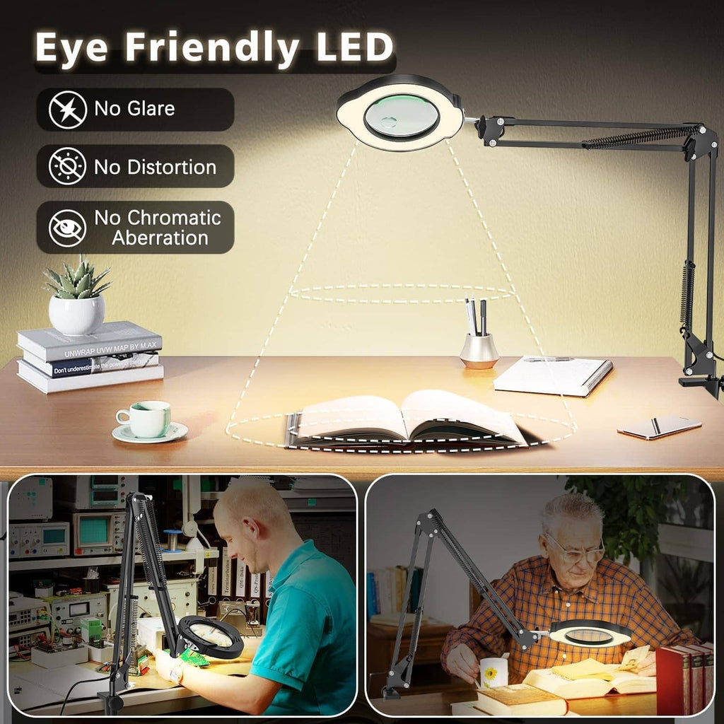 Black clamp desk magnifier lamp with circular lens and LED illumination