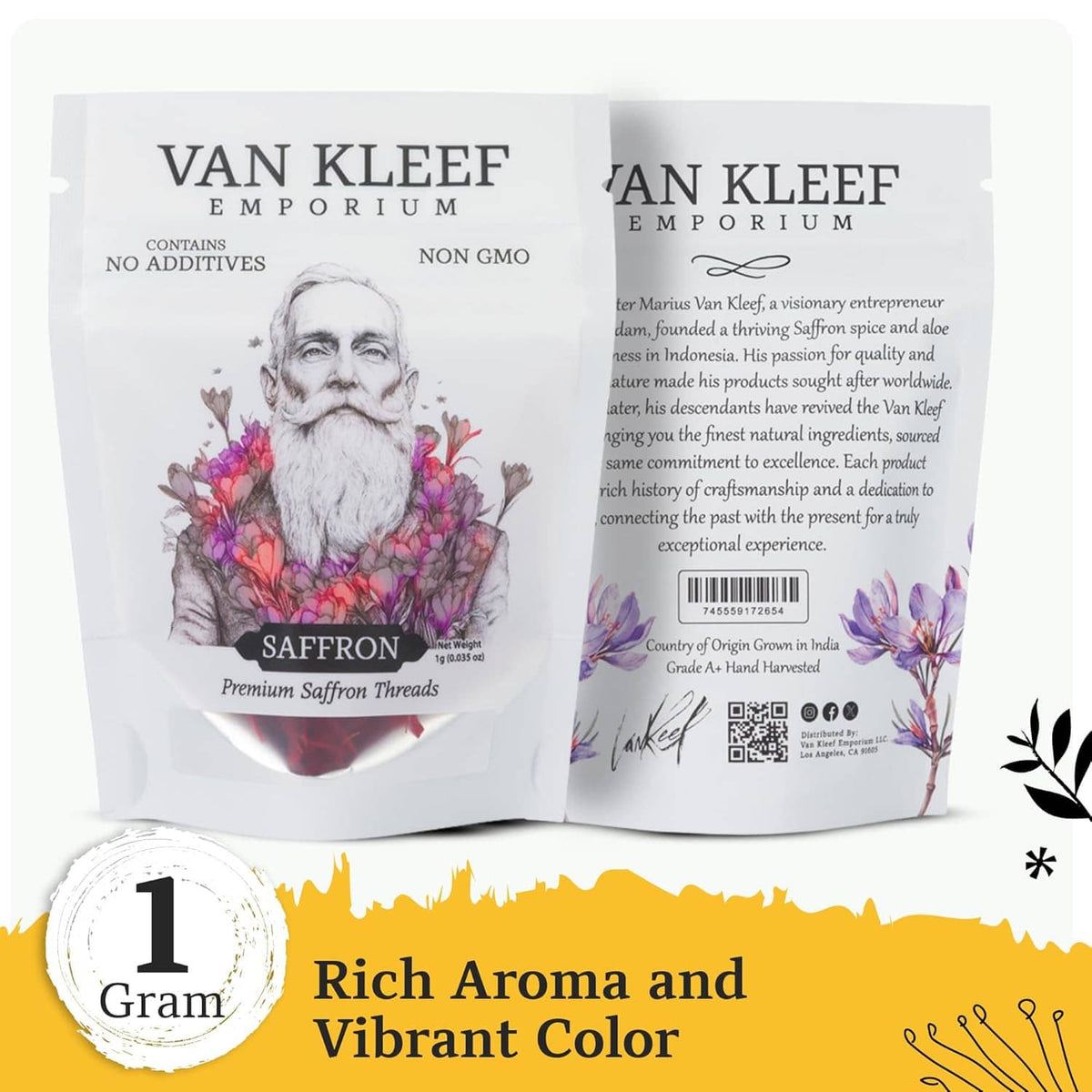 Two-sided VAN KLEEF EMPORIUM saffron pouch with loose red saffron threads
