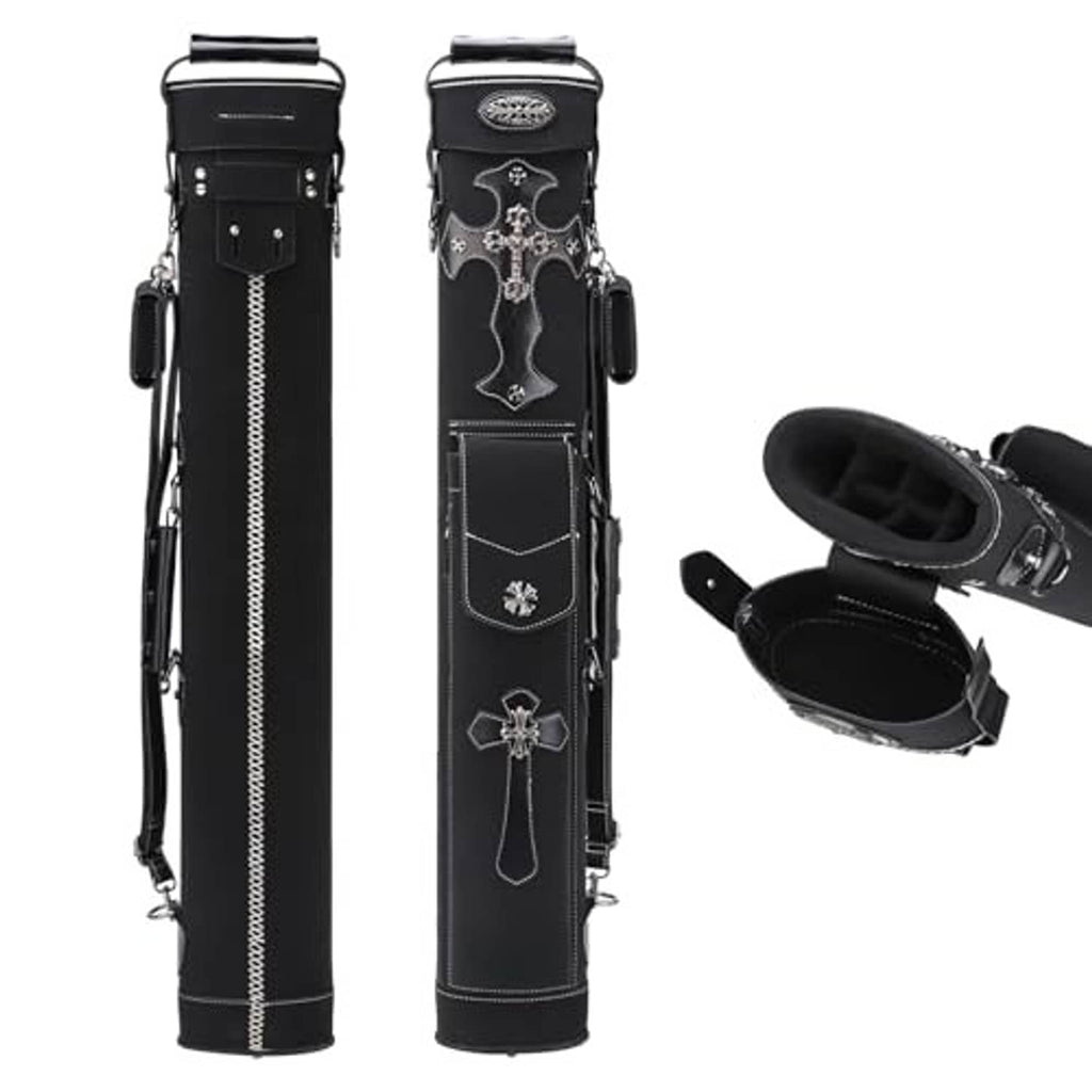 Black cue stick case with decorative cross design, top handle, zipper closure, side strap
