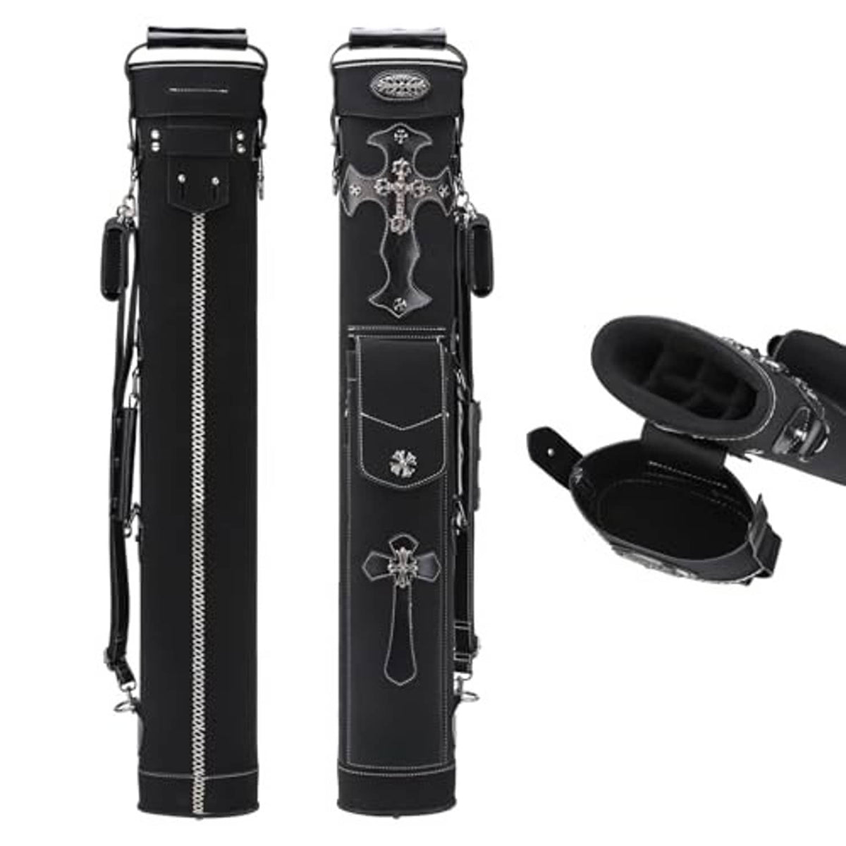 Black cue stick case with decorative cross design, top handle, zipper closure, side strap