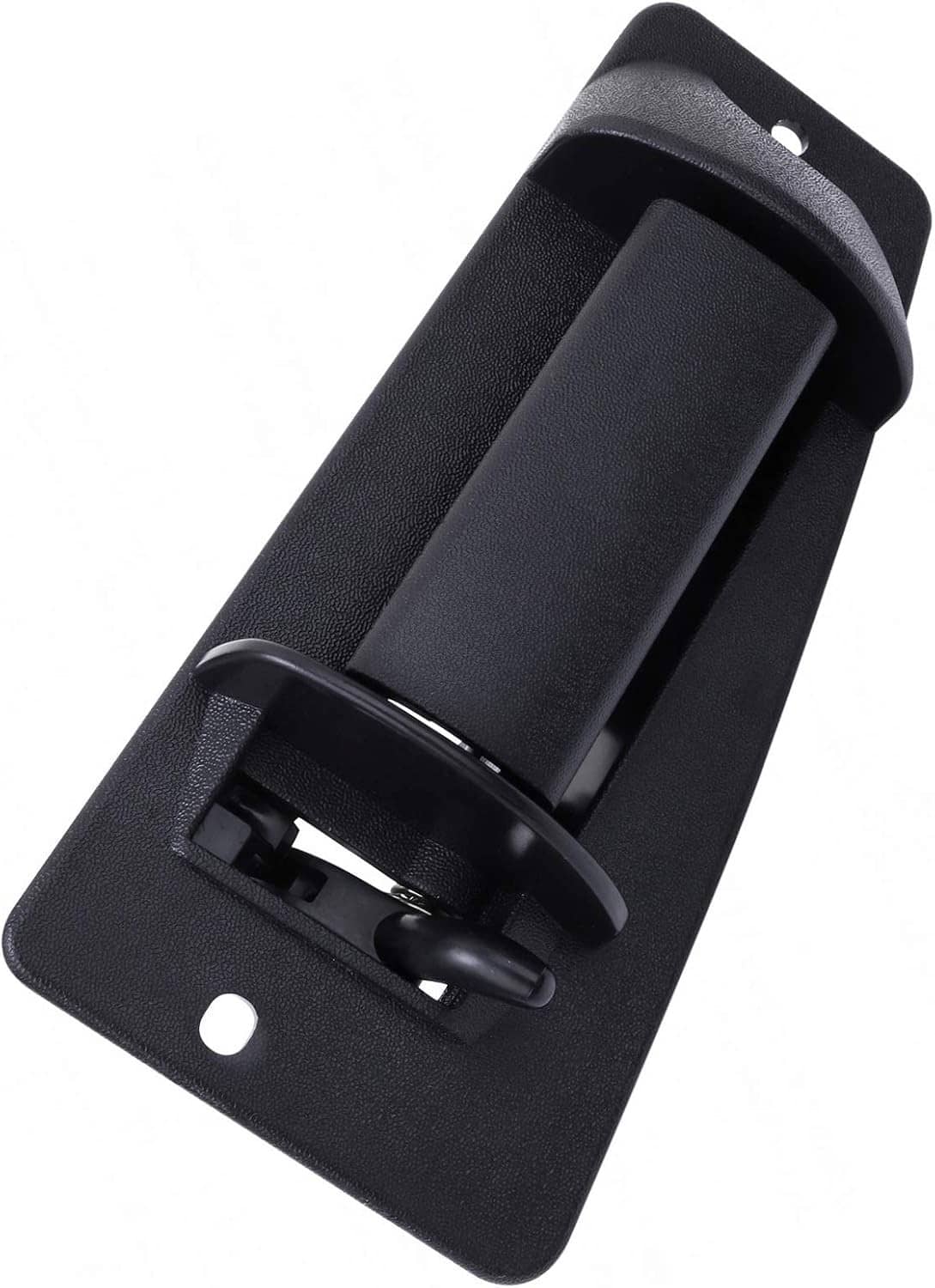 Black exterior rear door handle with base plate, pinhole, and latch opening