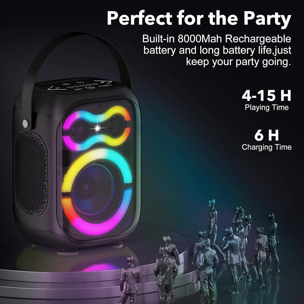 Portable Bluetooth speaker with built-in rechargeable battery and glowing RGB light rings
