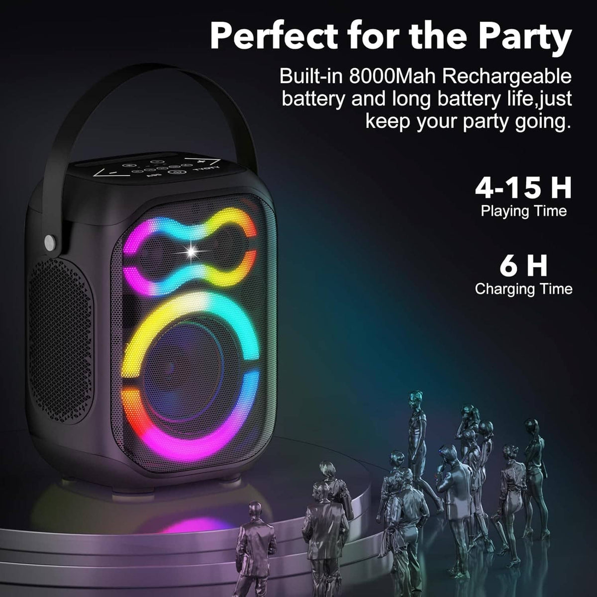 Portable Bluetooth speaker with built-in rechargeable battery and glowing RGB light rings