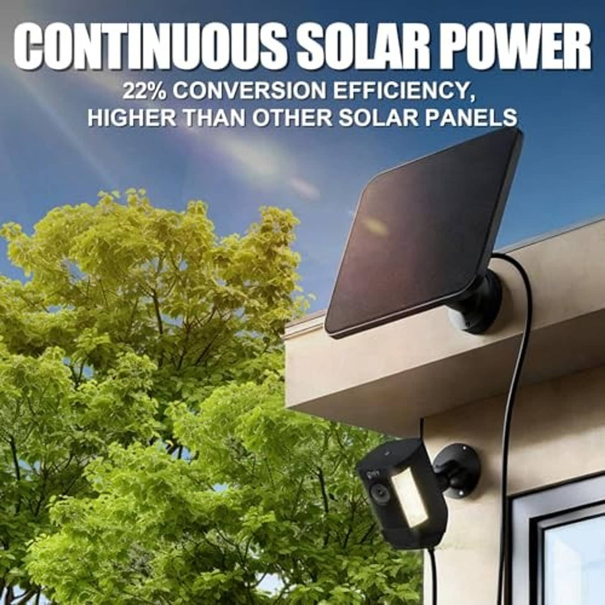 Black solar panel charger mounted on exterior wall with connected ring camera light module