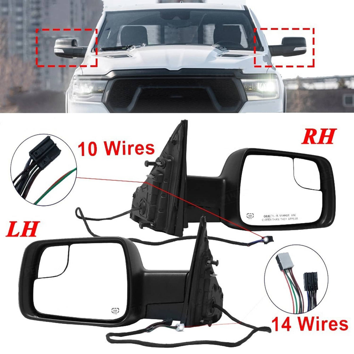 Heated power folding driver and passenger side mirror pair with LH/RH wiring diagram
