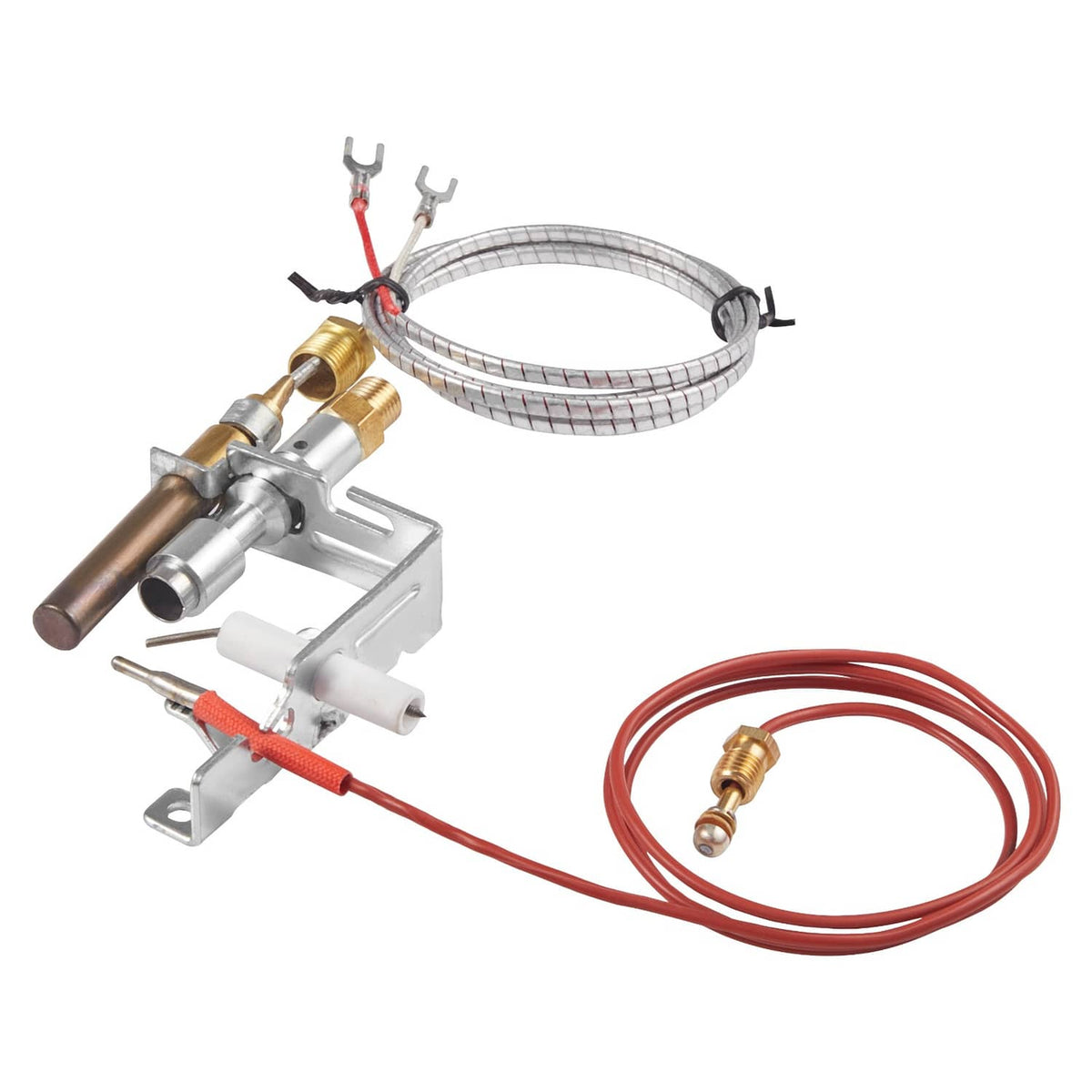 Gas pilot ignition assembly with braided tubing coil and red wire harness with brass fittings