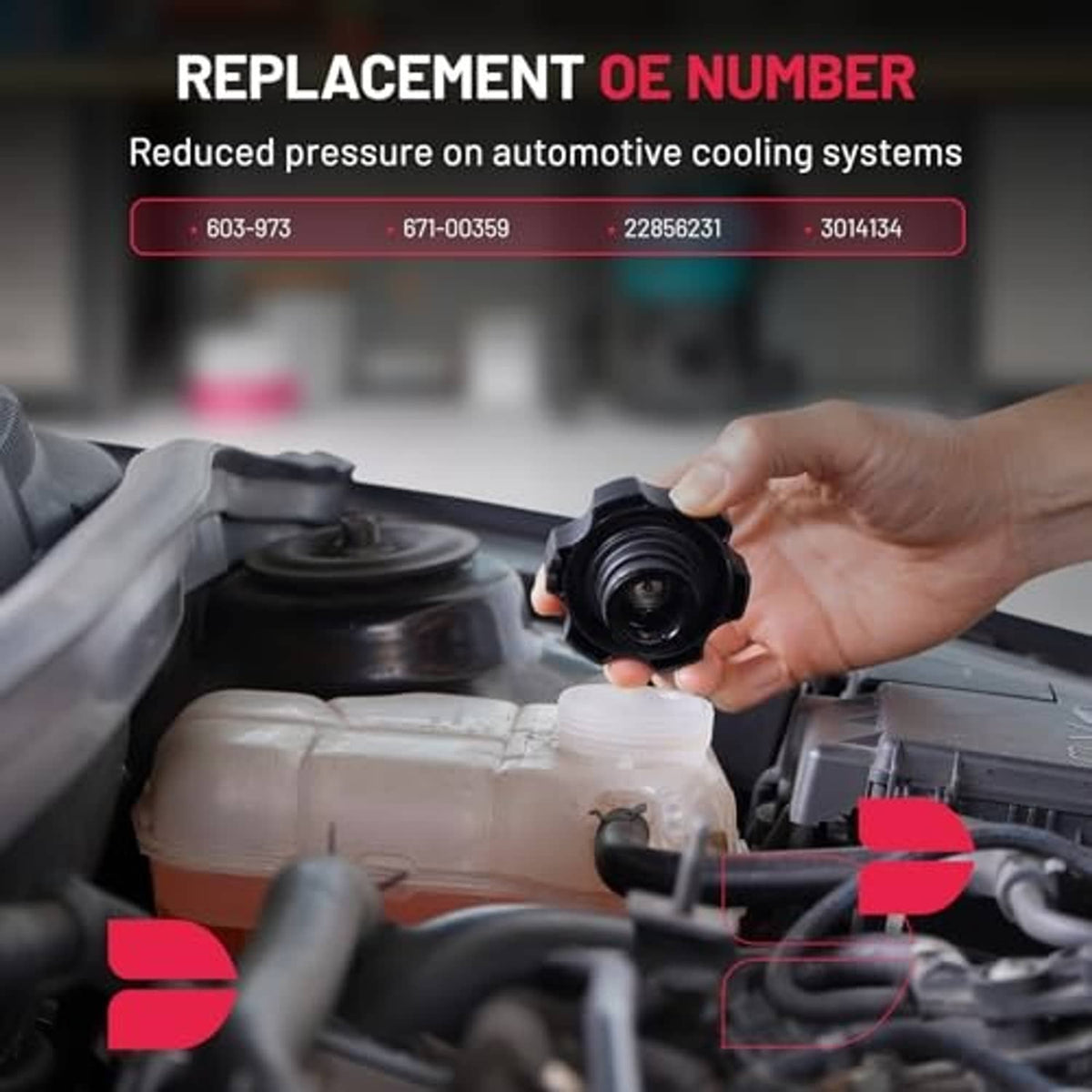 Engine coolant overflow tank cap installation, hand holding black cap near reservoir