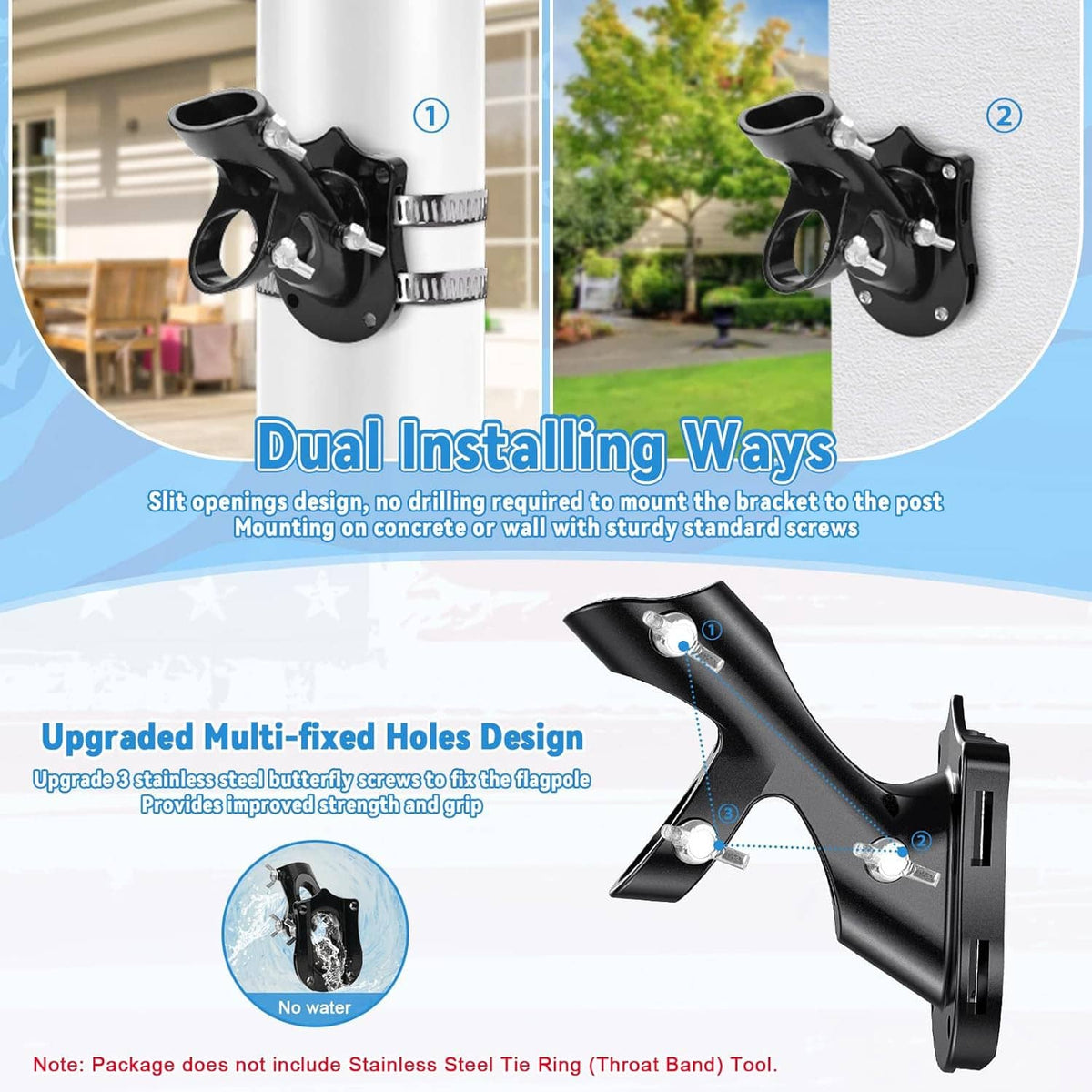 Black flagpole bracket with multi-fixed hole design and mounting screws