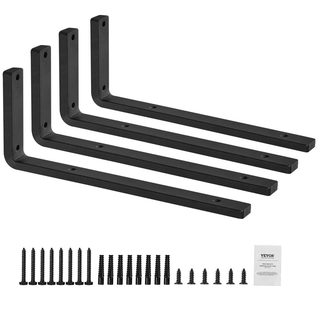 Black L-shaped shelf brackets set (4 pcs) with mounting holes and screws