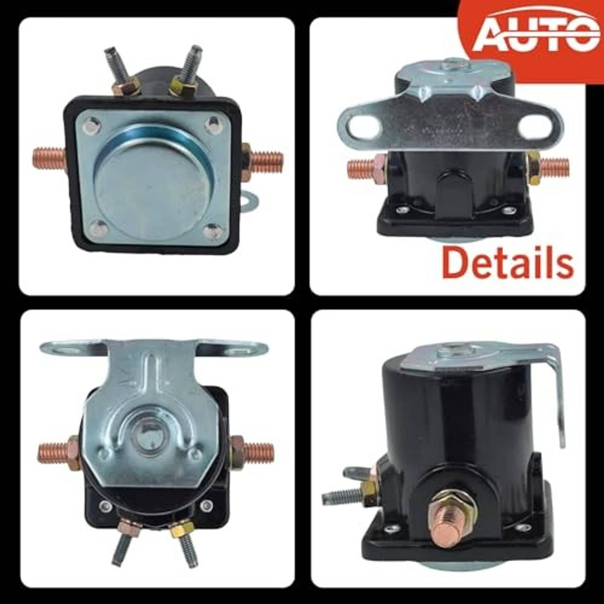 Starter relay solenoid detail views showing mounting bracket and terminal connections