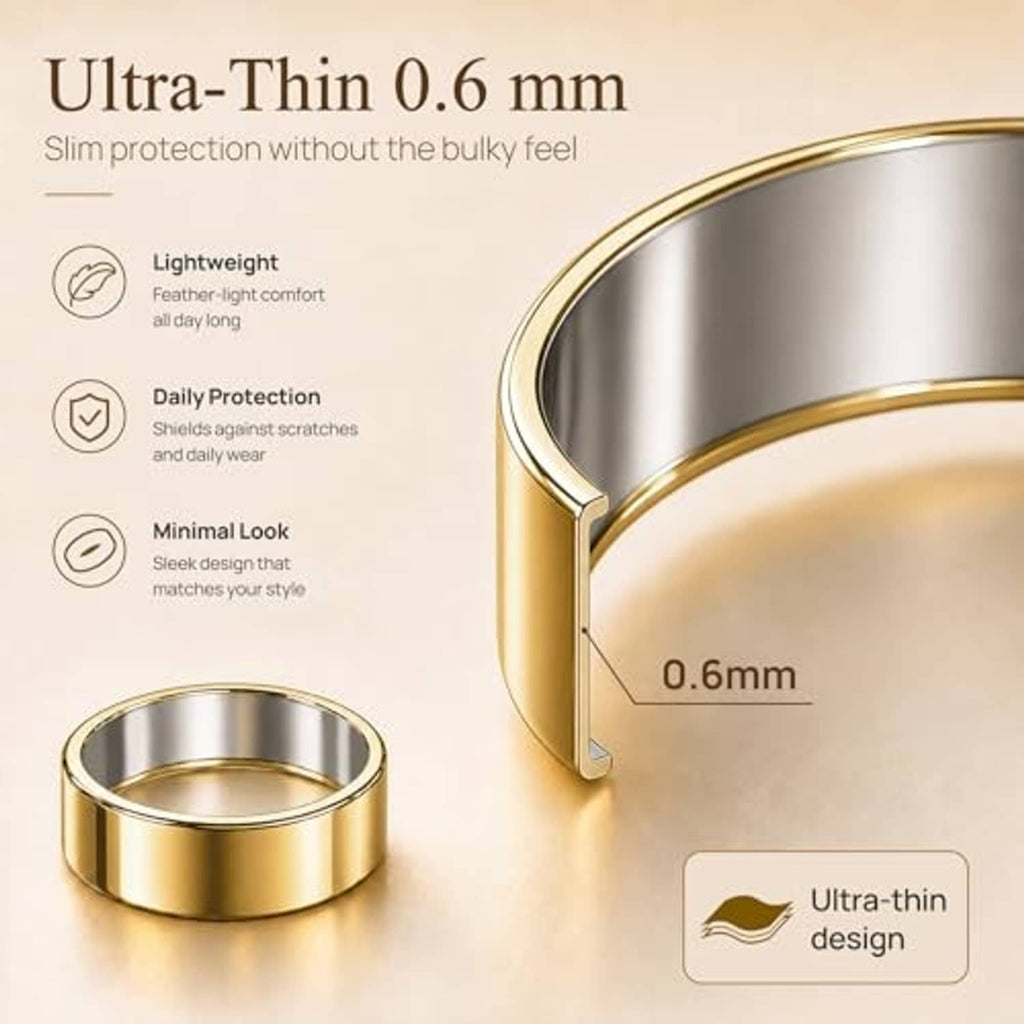 Ultra-thin gold-tone ring cover, size 8, side view with inner opening