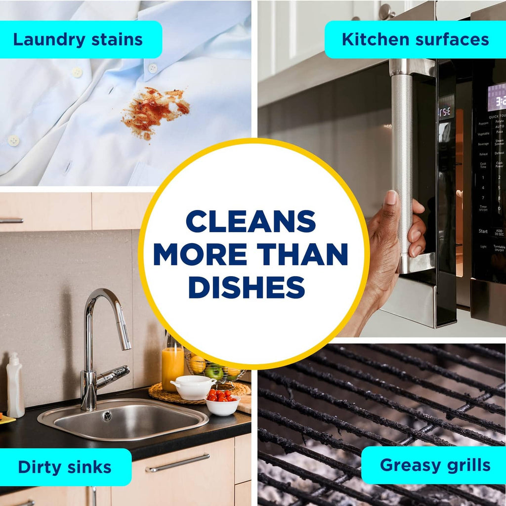 Dish cleaning product graphic for kitchen surfaces, dirty sinks, and greasy grills